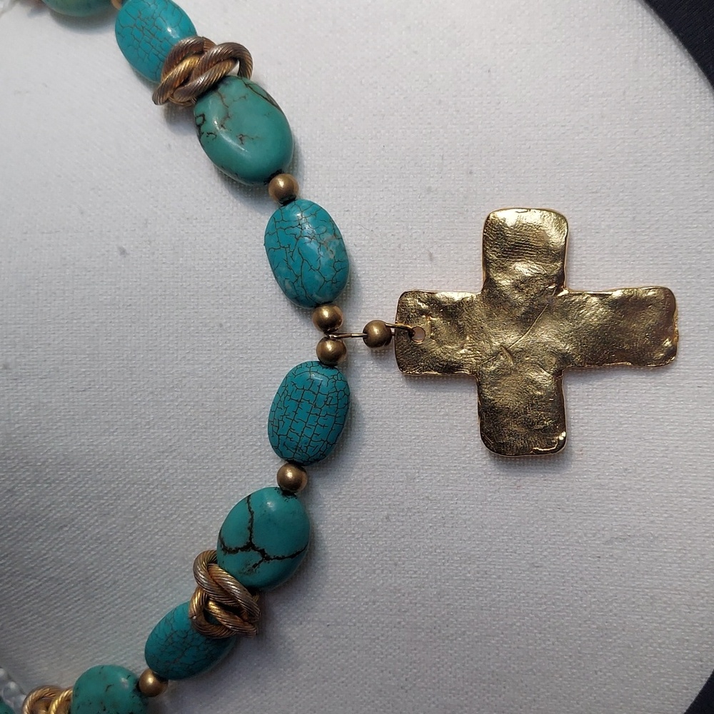 Turquoise and Gold Cross Necklace - Picture 2 of 4